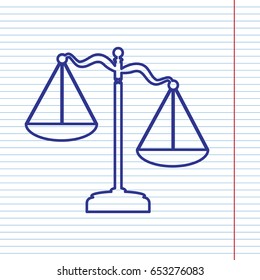 Scales of Justice sign. Vector. Navy line icon on notebook paper as background with red line for field.