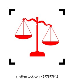 Scales of Justice sign. Vector. Red icon inside black focus corners on white background. Isolated.