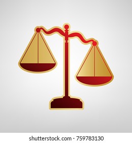 Scales of Justice sign. Vector. Red icon on gold sticker at light gray background.