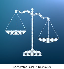 Scales of Justice sign. Vector. White textured icon at lapis lazuli gradient background.