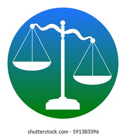 Scales of Justice sign. Vector. White icon in bluish circle on white background. Isolated.