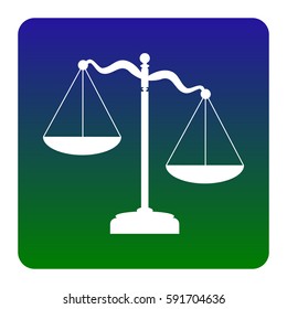 Scales of Justice sign. Vector. White icon at green-blue gradient square with rounded corners on white background. Isolated.