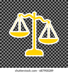 Scales of Justice sign. Vector. Yellow icon with white contour on dark transparent background.