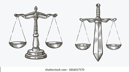 Scales Of Justice Sketch. Jurisdiction, Equity Symbol Vector Illustration