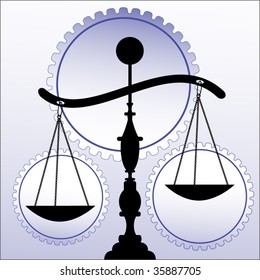 scales of justice  wheels/gears behind