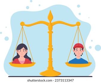 Scales of justice with women. Vector illustration in flat style.