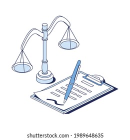 Scales, Lawyer, Document With Pen. Vector 3d Line Isometric, Color Web Icons, New Flat Style. Creative Design Idea For Infographics.