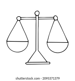 Scales line art. A device for measuring the mass of an object. The symbol of making an informed decision. Business icon. Hand drawn vector illustration. Isolated simple doodle element.