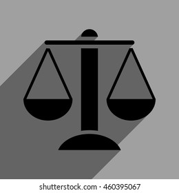 Scales long shadow vector icon. Style is a flat scales black iconic symbol on a gray square background with longshadow.