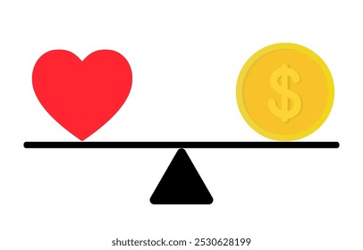 Scales of love and money isolated on white background.Balance weight of heart and dollar coin money on scale.Priority of life.