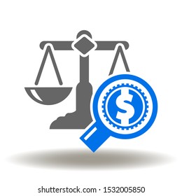 Scales Magnifying Glass Coin Dollar Icon Vector. Cost Value Logo. Money Balance Finance Law Illustration. Financial Audit Sign.