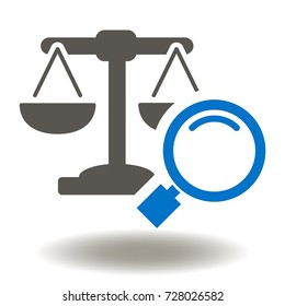 Scales Magnifying Glass Icon Vector. Prosecutorial Examination Illustration. Judicial Logo, Audit Symbol.