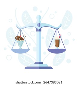scales to measure calories between two foods. two foods with the same calories. illustration of measuring food calories. food on the scale