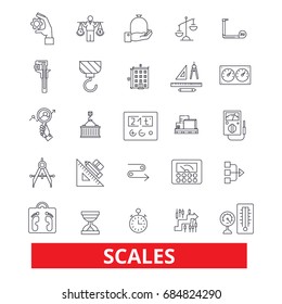 Scales, measurement, calibration line icons. Measure scales outline signs set. Measurement icons with editable strokes.Weighting icons