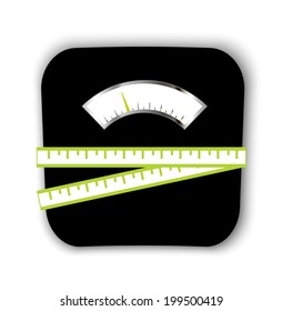 Scales with measuring tape, vector illustration. Healthy lifestyle and weight loss symbol