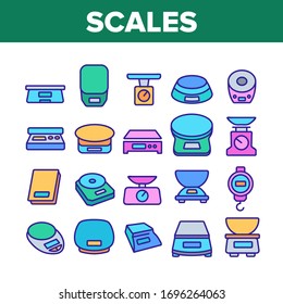 Vector de conjunto de iconos de colección de herramientas de medición de escala. Escalas De Cocina Doméstica, Equipamiento Mecánico Y Electrónico De Medición Para Pictogramas Lineales De Concepto Pesado. Ilustraciones de color