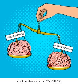 Scales with mind pop art retro vector illustration. Psychological metaphor. Comic book style imitation.