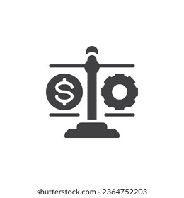 Scales with money and cogwheel vector icon. filled flat sign for mobile concept and web design. Feasibility Study glyph icon. Symbol, logo illustration. Vector graphics