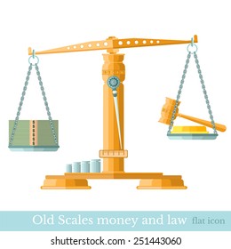 scales with money and gavel on different scale pans
