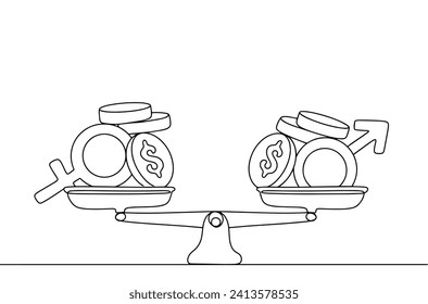 Escala con dinero y símbolo de género en equilibrio. Igualdad de remuneración entre hombres y mujeres. Día de igualdad salarial. Ilustración vectorial. Imágenes producidas sin el uso de ningún tipo de software de IA en cualquier etapa.