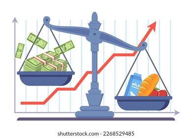 Skalen mit Geld und Lebensmittelprodukten Vektorgrafik. Roter Pfeil nach oben auf steigendem Inflationsdiagramm einzeln auf weißem Hintergrund. Rezession in Europa, Weltwirtschaft, Finanzkonzept