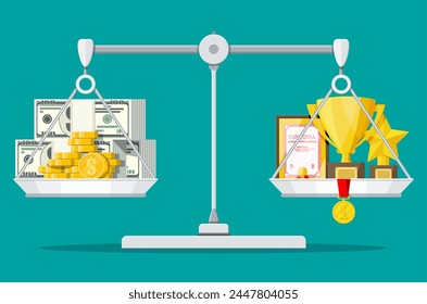 Scales with money and trophy. Dollar banknotes and coins. Golden cup with medal. Price of victory concept. Investment in business, education and sport. Flat vector illustration