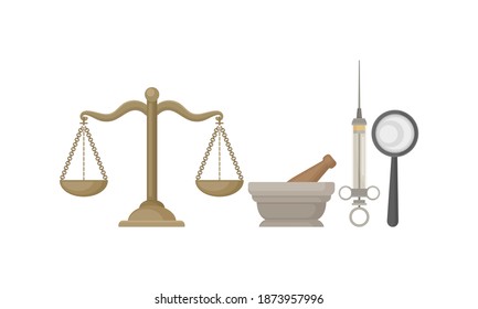 Scales and Mortar with Pestle as Ancient Medical Tools and Laboratory Equipment Vector Set