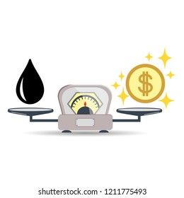 Scales, Oil product, Money or Finance. The concept of choice. Flat style. Vector illustration on isolated background.