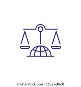 Scales on globe line icon. International tribunal, Supreme court, Human Rights Court. Justice concept. Vector illustration can be used for topics like legal system, legislation, politics