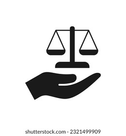 Scales on hand. Law, justice icon flat style isolated on white background. Vector illustration
