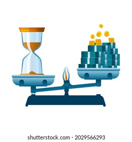 Scales on one side of which there is an hourglass on the second side there are bundles of money. A metaphor on the topic of time and money. Vector icon.