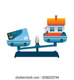 Scales, on one side of which there is a credit card, on the second side there is a house. A metaphor on the topic of lending for the purchase of housing. Vector icon.