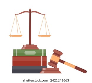 Scales on pile of books and judge gavel. Law and justice system symbol. Vector illustration