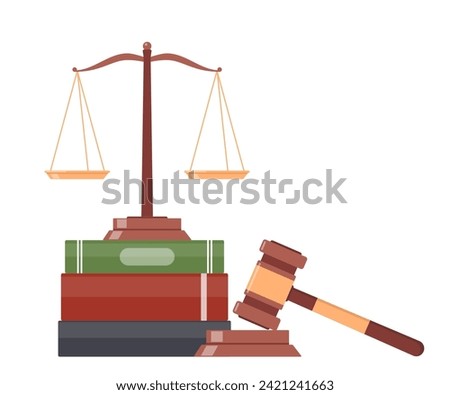 Scales on pile of books and judge gavel. Law and justice system symbol. Vector illustration