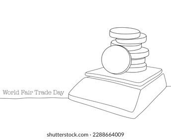 Scales on which coins lie. World Fair Trade Day. One line drawing for different uses. Vector illustration.