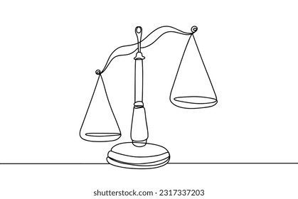 Scales on which one bowl outweighs. World Day for International Justice. One line drawing for different uses. Vector illustration.