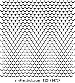 Scales patter, identical repeat details arranged in equal rows, creating undulating pattern in black and white