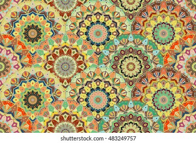 Scales pattern from flower mandalas. Vector floral background, seamless. Elaborate floral ornament for fabric print, furniture, wallpaper, greeting card. Unusual round design elements boho decoration.