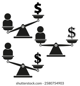 Scales and people. Dollar comparison symbol. Financial balance icon. Economic value contrast.