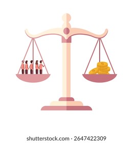 escala com pessoas de um lado e dinheiro do outro. dinheiro e pessoas na escala. escalas de justiça. adequado para o tema de justiça
