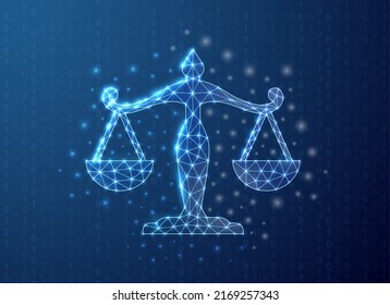 Scales polygonal symbol with binary code background. Justice concept design vector illustration. Blue Law low poly symbol with connected dots