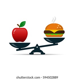 Scales with red apple and burger fast food, vector color illustration showing balance between healthy and unhealthy food.