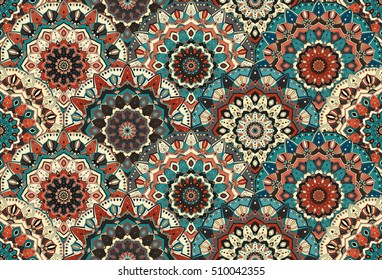 Scales seamless pattern from flower mandalas. Vector floral background. Elaborate floral ornament for fabric print, furniture, wallpaper, greeting card. Unusual round design elements boho decoration.