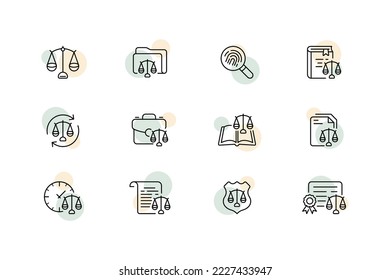 Scales setzen Symbol. Ordner, Gewicht, Gewicht, Suche, Fingerabdruck, Analyse, Buch, Zurücksetzen, Zeit, Verkauf, Kreuz, Schutz, Schild, Sicherheit. Vektorschwarze Symbole auf weißem Hintergrund