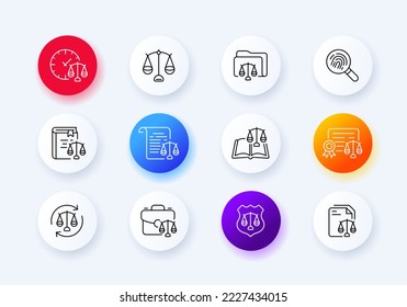 Scales set icon. Folder, weigh, weight, search, fingerprint, analysis, book, balance, deliberate, ponder, reset, time, sale, canter, protection, shield, security. Neomorphism style. Vector line icon