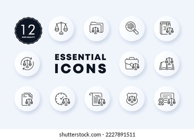 Scales set icon. Folder, weigh, weight, search, fingerprint, analysis, book, reset, time, sale, canter, protection, shield, security. Neomorphism style. Vector line icon for Business