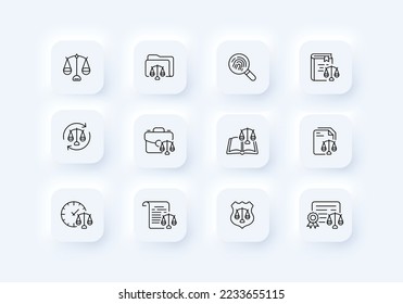 Scales setzen Symbol. Ordner, Gewicht, Gewicht, Suche, Fingerabdruck, Analyse, Buch, Gleichgewicht, bewusst, Ponder, Reset, Zeit, Verkauf, Krebs, Schutz. Neomorphismus-Stil. Vektorliniensymbol für Unternehmen