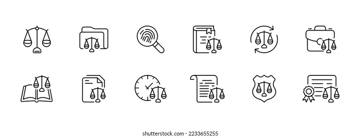Scales set icon. Folder, weigh, weight, search, fingerprint, analysis, book, balance, deliberate, ponder, reset, time, sale, canter, protection, shield, security. Vector line icon for Business