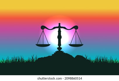 Scales silhouette on rainbow landscape background illustration. Vector graphic eps 10.
