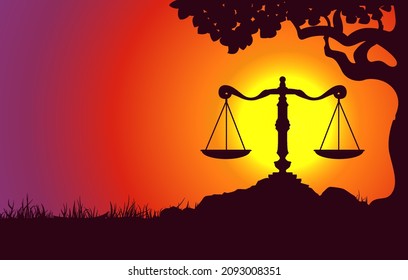 The scales silhouette. Zodiac sign and symbol on sunset landscape background illustration for banner, wallpaper, background. Vector graphic eps 10.